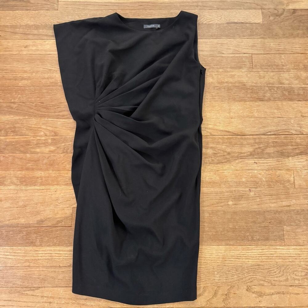 Theme black sleeveless ruched asymmetrical knee length sheath dress size M
b63